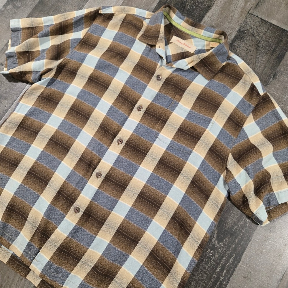 Tommy Bahama Mens Large 100% Silk Plaid Short Sleeve Blue Tan Brown Camp Shirt